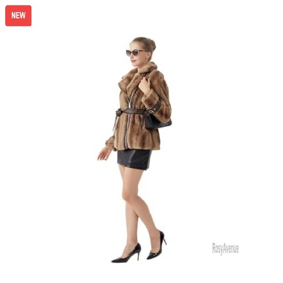 Faux Fur Cropped Jacket with Belted Waist and Leather Accents - Picture 7 of 8